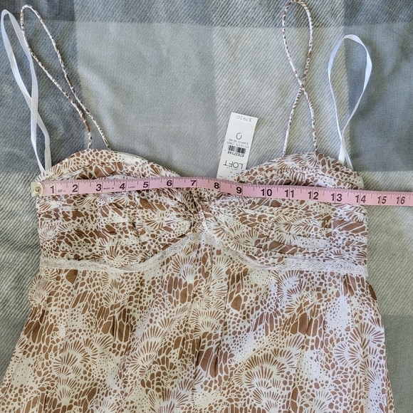 NWT LOFT Tan White Spaghetti Straps Lace Trim Ruffle Chest Sundress Size 0 - Picture 10 of 11